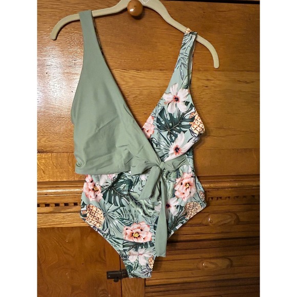 Unbranded Other - Tropical Floral Pineapple One Piece Swimsuit Sage Green Wrap Tie Large Boho Chic